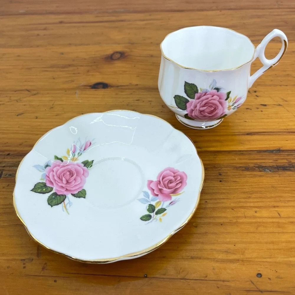 Royal Dover Bone China Cup & Saucer Pink Roses England Made Marked‎ JUNE